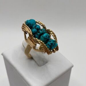 Vintage Hand Crafted 14K Gold Filled Wire Wrap Turquoise Ring Size 7